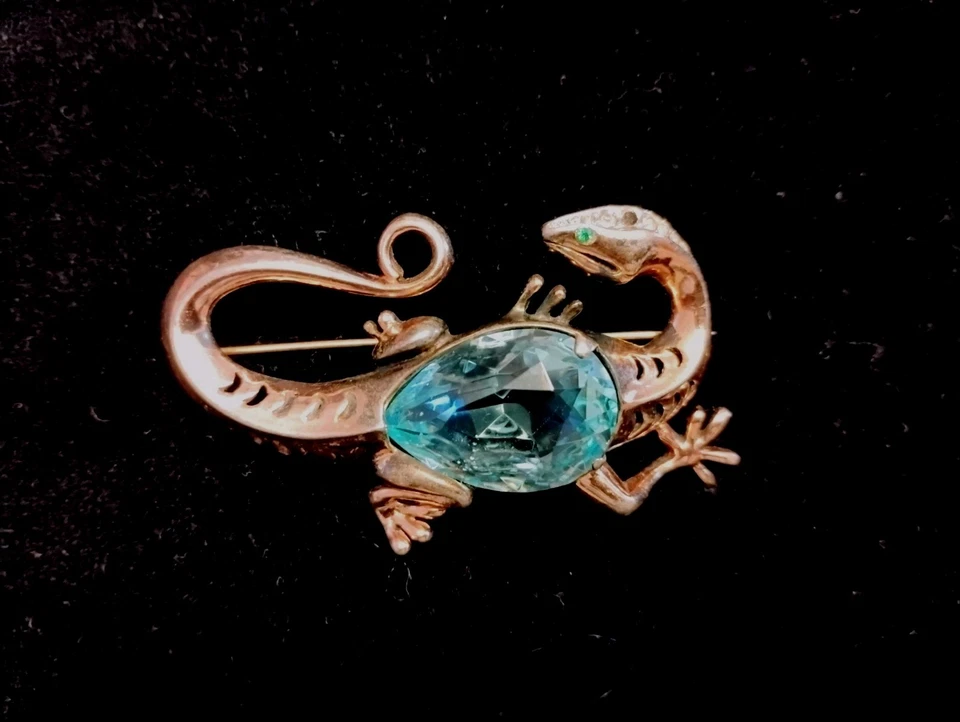 VTG 40's "Reja Sterling Silver" Lizard with Large Aqua Belly Stone Brooch/Pin - Image 2 of 4