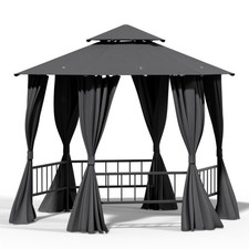 Outdoor 2-Tier Steel Frame Gazebo with Curtains & Fence Garden Hexagonal Canopy