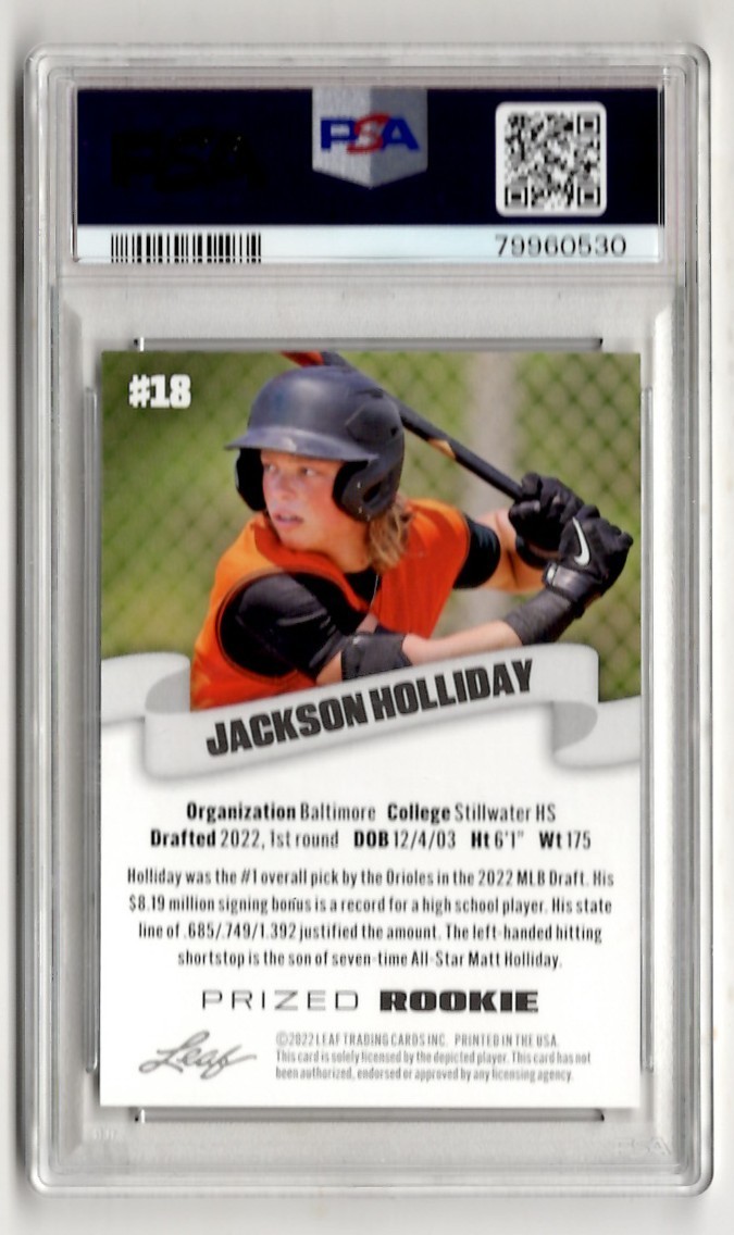 PSA 10 Jackson Holliday 2022 Leaf Multi-Sport #18 Rookie, Baltimore Orioles view 2