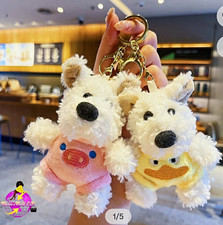 Plush Dog Animal Keychain w/ Detachable Keyring White/Multicolor Fabric Metal