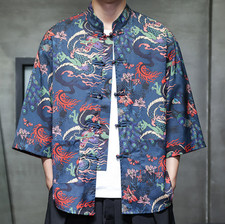 Men's three-quarter sleeve button-down printed shirt with breathable fabric