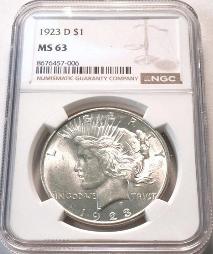 1923 D $1 NGC MS 63 Peace Silver Dollar, Better, Semi-KEY Date Uncirculated Coin