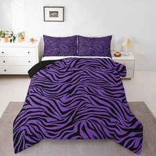 Teens Zebras Skin Comforter Set Queen Size,Black Purple Stripes Bedding Set f...