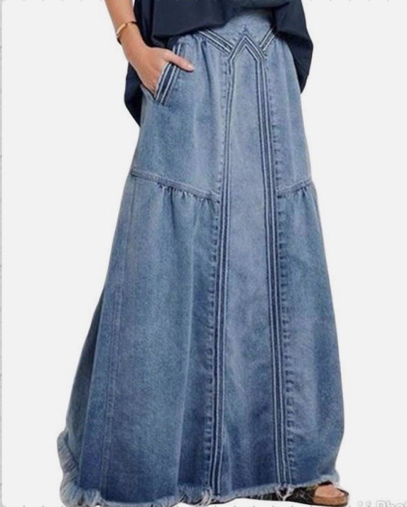 Denim Maxi Skirt Elastic High Waist Frayed Hem A-Line Modest Long Pockets Small-image