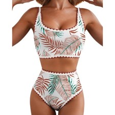 Women's White Tropical Print Sporty High Waisted Bikini Set Size M NWOT