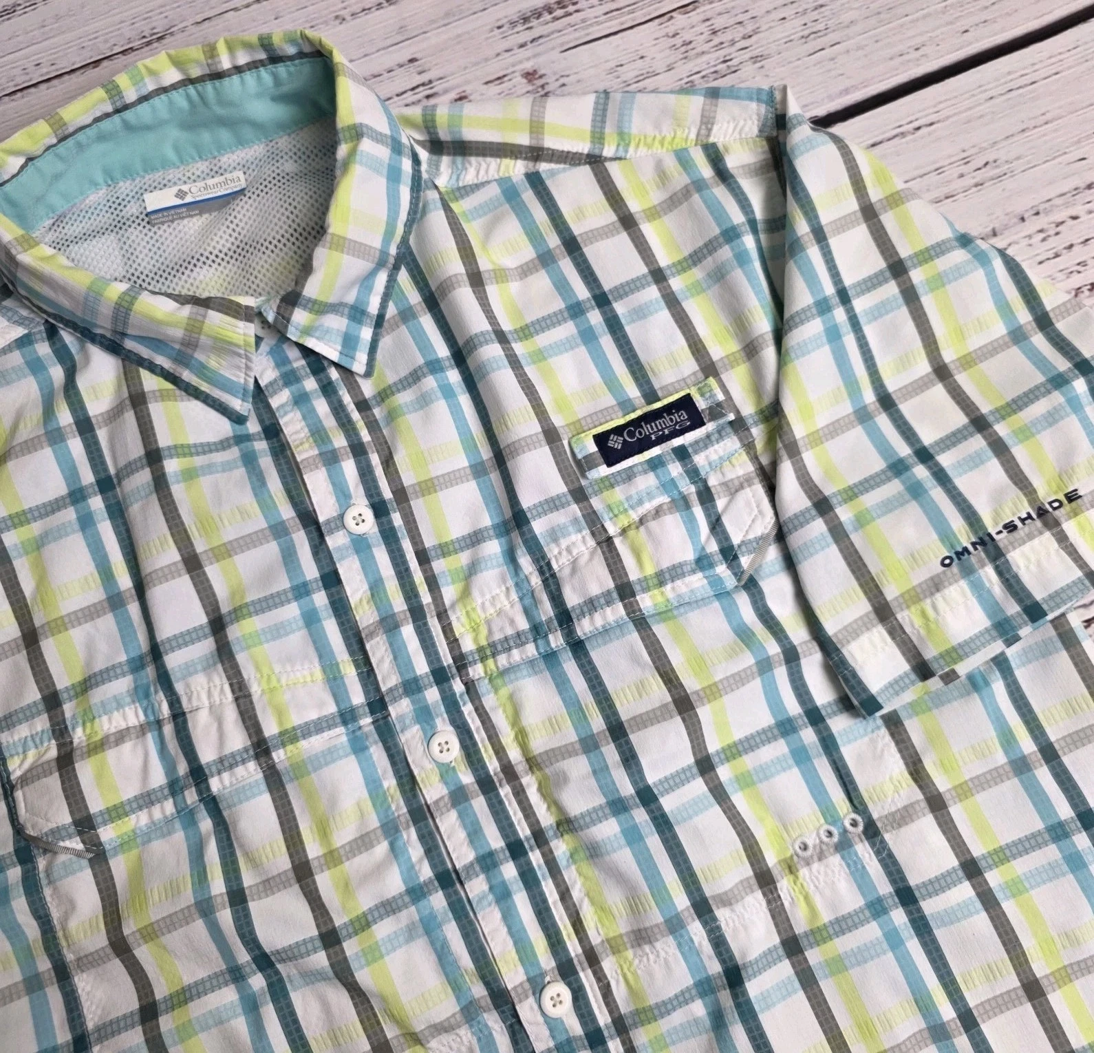 Columbia PFG Fishing Shirt Short Sleeve Vented Mens Large Omni Shade Button Down