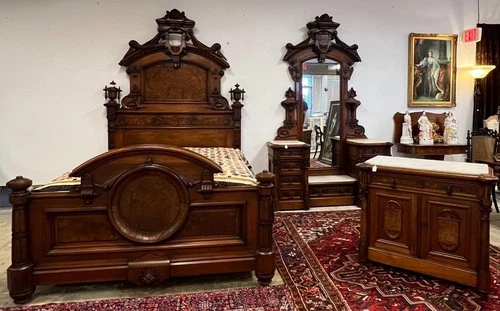 Antique Renaissance Revival 3Piece Bedroom Suite Set Dresser Burl Wood Victorian