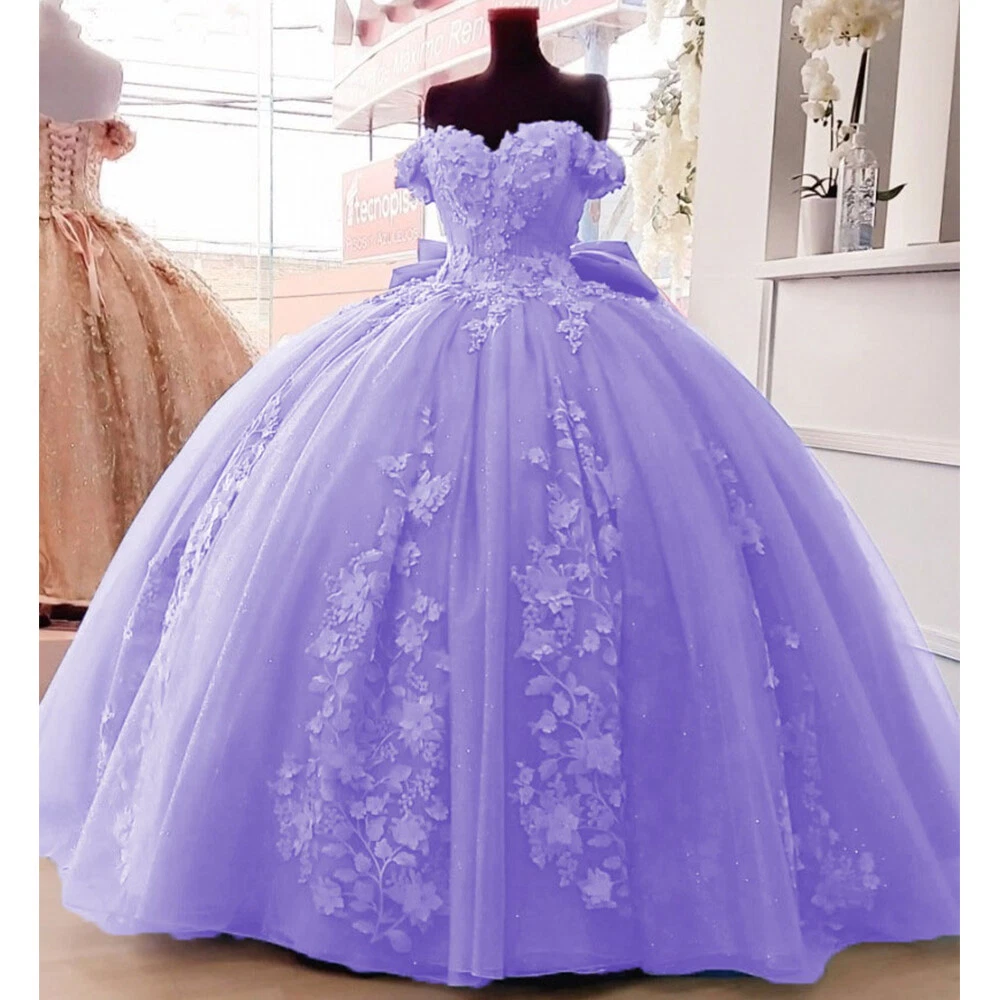 VALENTINO Abito da ballo blu cielo Quinceanera 3D floreale con grande fiocco spalle scoperte Sweet16