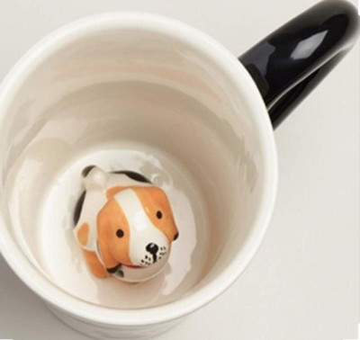 Surprise 3D Dog Coffee Tea Mug with Small Puppy Inside White and Black - 10 Oz 