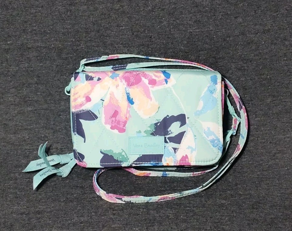 Vera Bradley Aqua Blue Floral Crossbody Purse with 2 Compartments Adjustable Strap