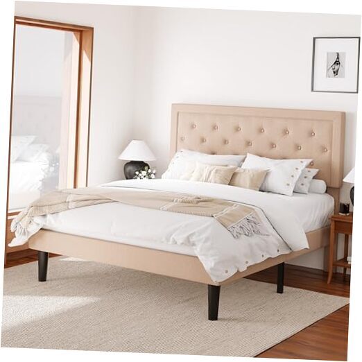 Queen-Size Upholstered Bed Frame with Adjustable Button-Tufted Headboard,