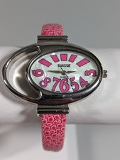 Suisse Pearlized Dial Oval Silver Tone Case Pink Hinge Open Cuff Band Watch 6 In