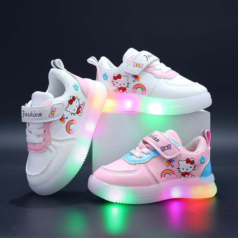 Kids Girls Katie Cat pattern LED Luminous Sport Shoes Flashing Light Up  Sneakers