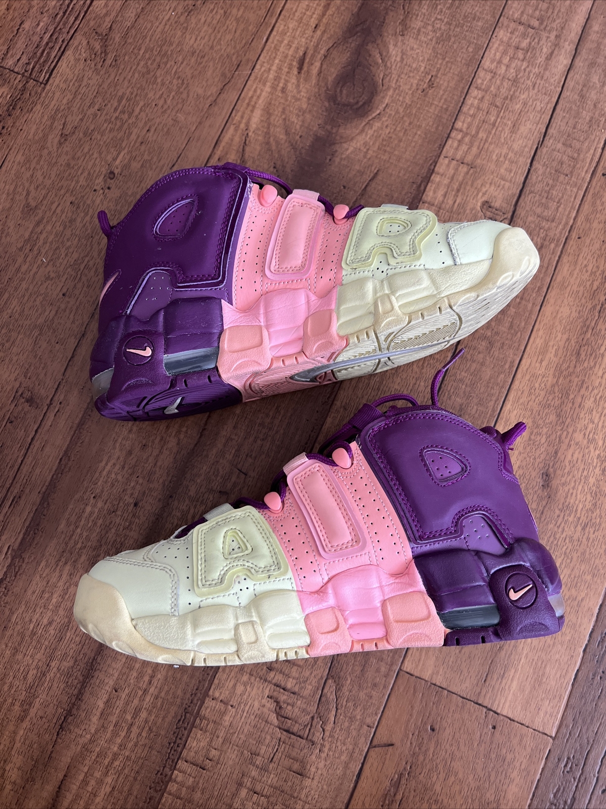 nike uptempo yellow pink purple