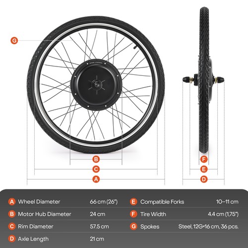 VIRIBUS 26" 36V Front Electric Bicycle Motor Conversion Kit EBike Wheel Hub Bike - Picture 3 of 9