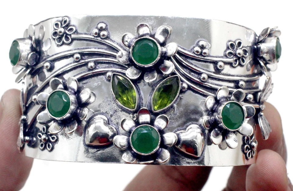 925 Sterling Silver Emerald & Peridot Gemstone Jewelry Cuff Bracelet Size-ADJ - Image 2 of 4