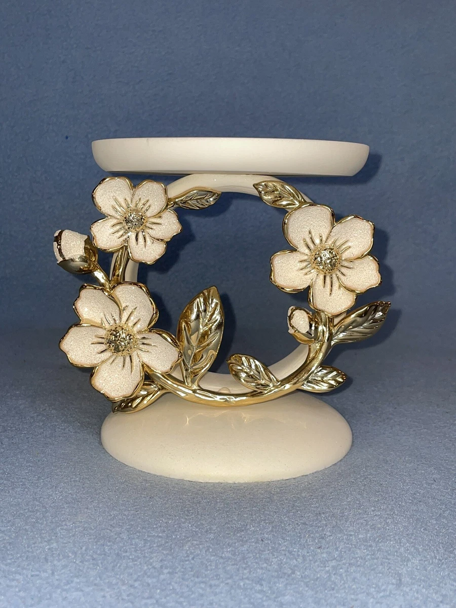 WHITE GOLD Pedestal Flower Ring 3 wick CANDLE HOLDER Bath Body Works Glitter