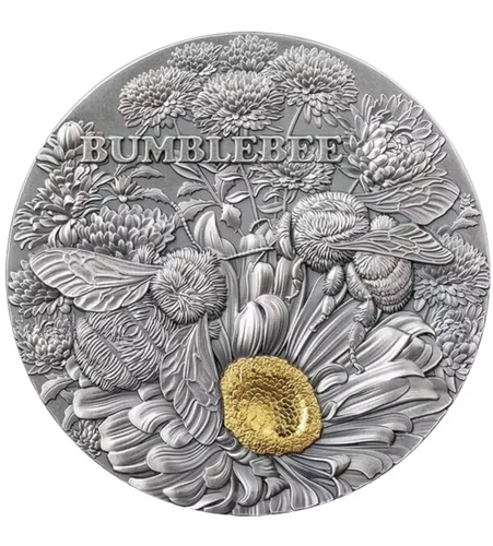 2023 2 Oz Silver 10 Cedis Ghana Nature Architects BUMBLEBEE Antique Gilded Coin.