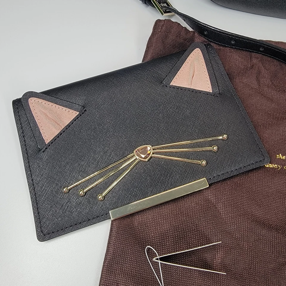 Bolso Bandolera Kate Spade Make It Mine Byrdie Cuero Negro Extra Gatito Gato Solapa Foto 3 de 4