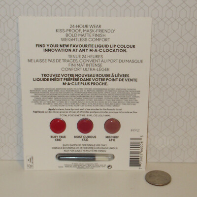 MAC Locked Kiss Ink Ruby True 88 Most Curious 72 Mischief 61 + Brush SAMPLE Card