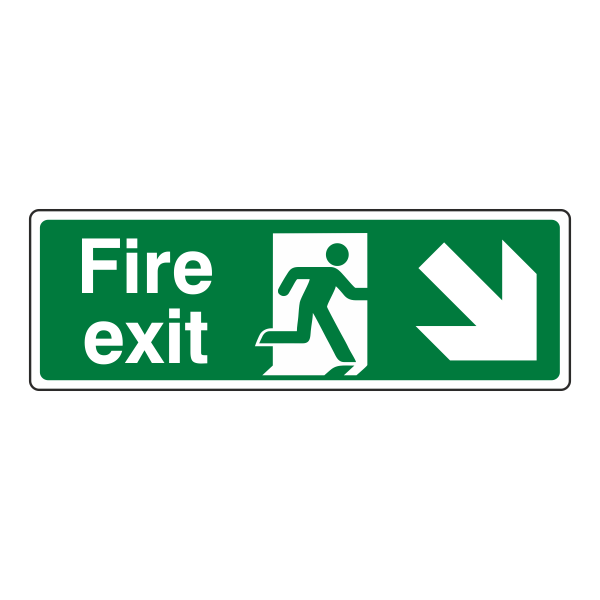 Fire Exit Sign - Arrow Down Right - 450x150mm - 1mm Rigid Plastic