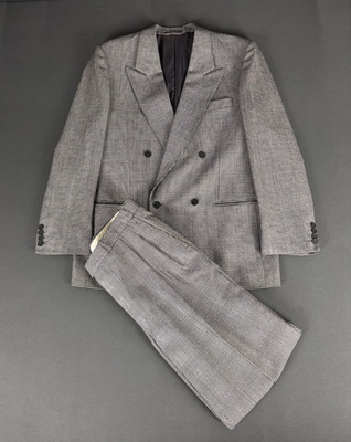 Vintage Angelo Litrico 40R Double Breasted Glen Check Suit 2 Piece Grey UK Made