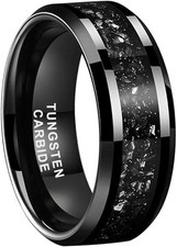 Silver/Black Tungsten Rings 6mm 8mm, Meteorite Inlay Wedding Bands