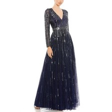 Mac Duggal 4977 Sequin V-Neck Illusion Sleeve A-Line Gown Midnight Size 6