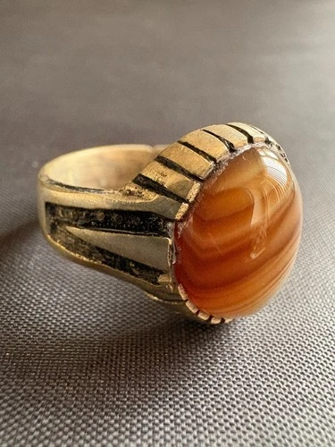 Vintage 925 Sterling Silver Ring Striped Brown Agate Handcrafted Ring Size 12 US
