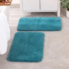 Set of 2 Non Slip Shaggy Bathroom Rugs Extra Thick Soft Bath 16''x24'' Teal