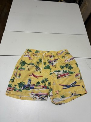 Polo Ralph Lauren Swim Trunks Large 6'' Yellow Aloha Hawaiian Tropical Traveler
