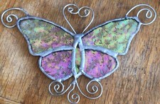Butterfly Suncatcher Stained Incandescent Glass Silver Tone Metal VTG