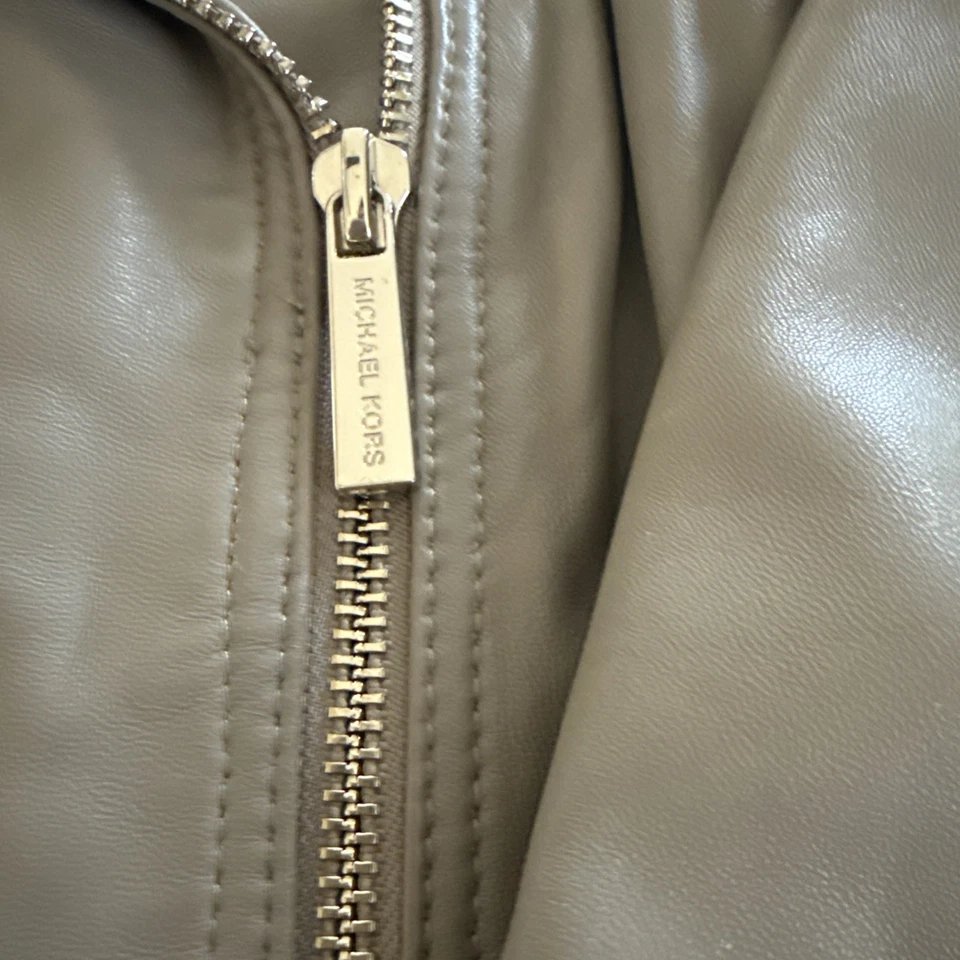 Michael Kors Moto куртка женщин XL желтовато-коричневый мягкий кожаный дизайнер молнии карманы - Изображение 4 из 4