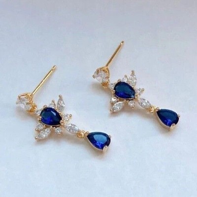Lovely Drop Earring's 1.20Ct Pear Cut Simulated Sapphire 14K Yellow Gold Plated