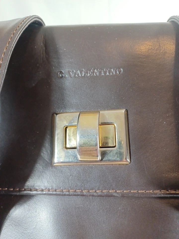 C. Valentino Italy Vintage 80s Brown Leather Handbag Tote Messenger Travel Bag - Image 3 of 4
