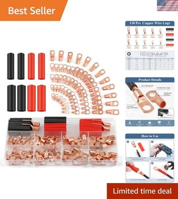 Copper Wire Lugs 130Pcs, AWG 2 4 6 8 10 12 Gauge Battery Cable Ends with 66Pc...