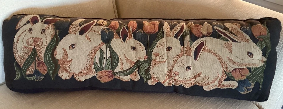 Vintage Tapestry Throw Pillow Bunnies Flowers Rabbits Long Blue Cottage 27”x8” - Image 2 of 4