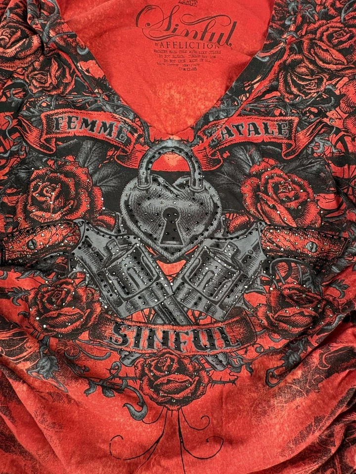 Vintage Y2K Sinful By Affliction Red Bedazzled LS Tee Womens Size L - Image 3 of 4
