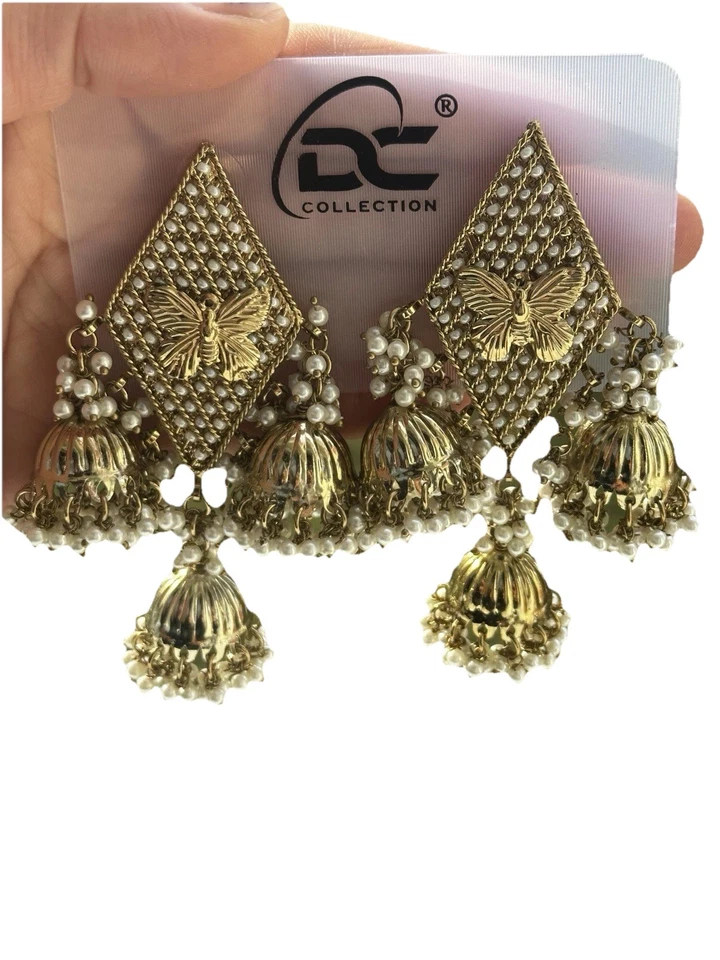 Indische Jhumka Ohrringe Gold Perlen | Butterfly Design | Party & Hochzeit - Bild 2 von 3