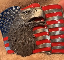 US Flag Bald Eagle Belt Buckle American Vintage 1990 USA W89 Pewter Patriotic