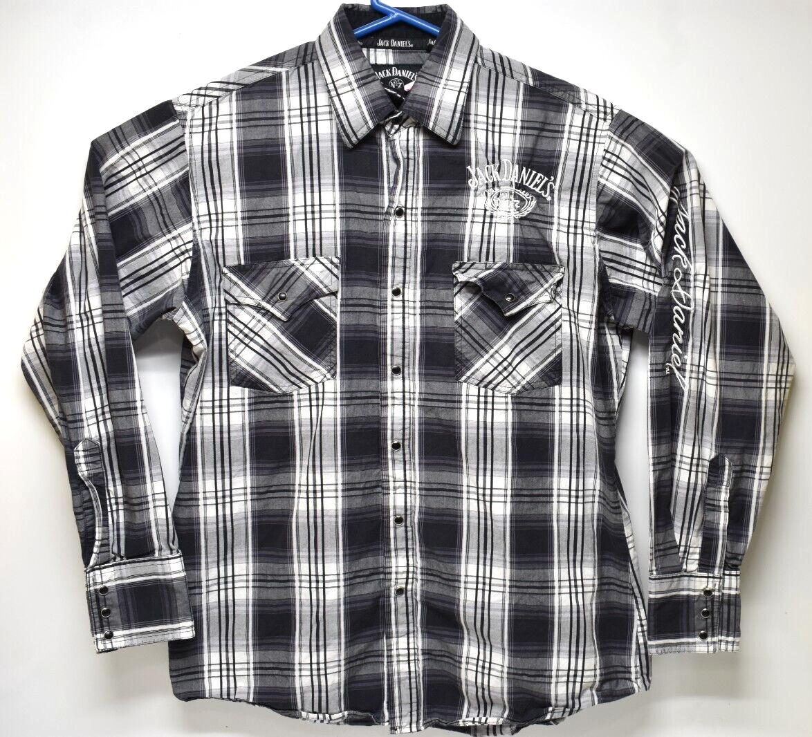 Jack Daniel's Whiskey Shirt Mens M Plaid Long Sleeve Pearl Snap Embroidered  EUC