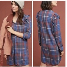 Anthropologie Cloth & Stone plaid ruffle trim collarless tunic dress size XS New