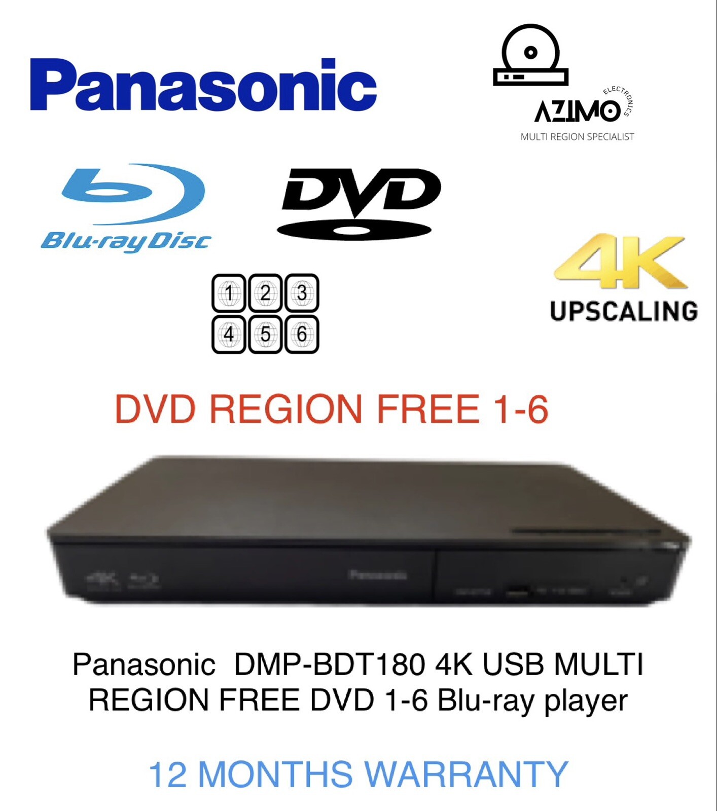 Panasonic DMP-BDT180 4K USB MULTI REGION FREE DVD 1-6 Blu-ray player v