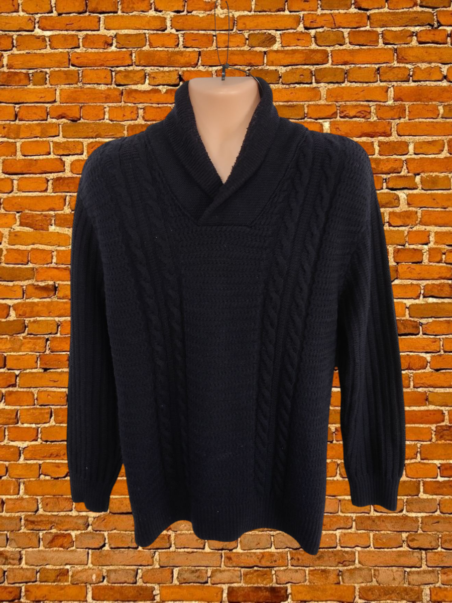 ZARA NAVY JUMPER L WOOL MENS LONG SLEEVE ROLL NECK CHUNKY CABLE