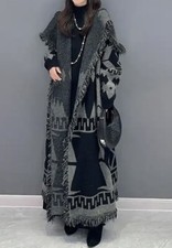 Thick Velvet Tribal Pattern Lapel Long Tassel Knitted Cardigan Sweater Coat