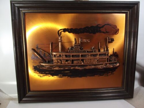 vintage COPPER STEAMBOAT ART FRAMED 13" X 16" PRESSED RIVER BOAT PADDLE WHEEL - Picture 4 of 7