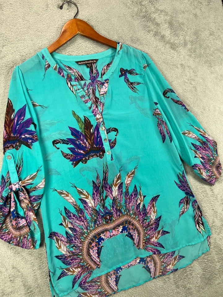 Blusa Camisa Mushka Sienna Rosa Mujer Grande Top Azul Estampado Pluma Manga 3/4 Foto 2 de 4