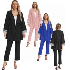 iiniim Womens Muslim 2 Pieces Sets Long Sleeve Tassel Cuffs Open Front Top Pants