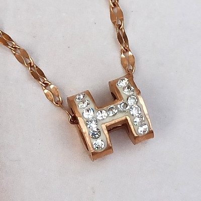 Letter H Pendant Necklace Rose Gold Tone Crystals Modernist 3D