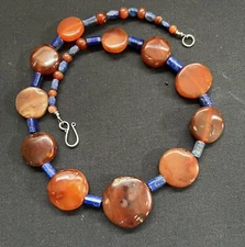 Idar Oberstein Coin carnelian trade beads & Lapis Lazuli Vintage Rare necklace.